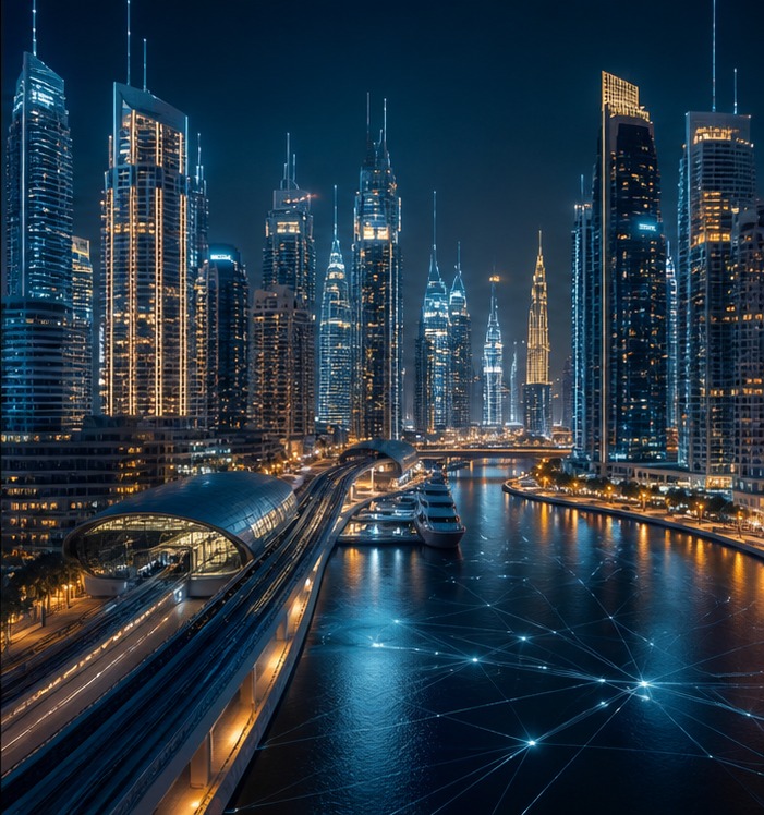 Dubai waterfront smart city at night